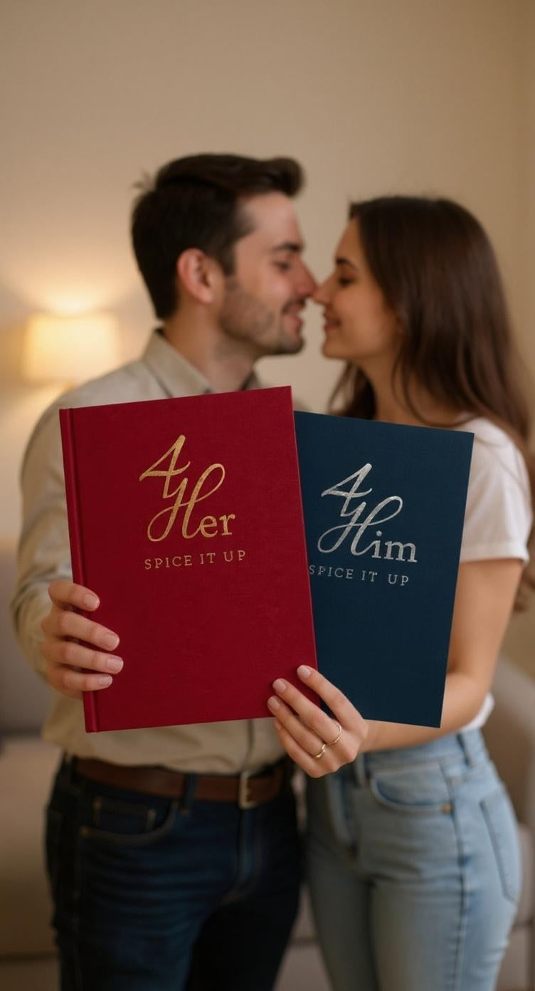 Im Vordergrund sind die Bücher Spice It Up 4 Her und Spice It Up 4 Him zu sehen. Im Hintergrund steht ein Paar und küsst sich.