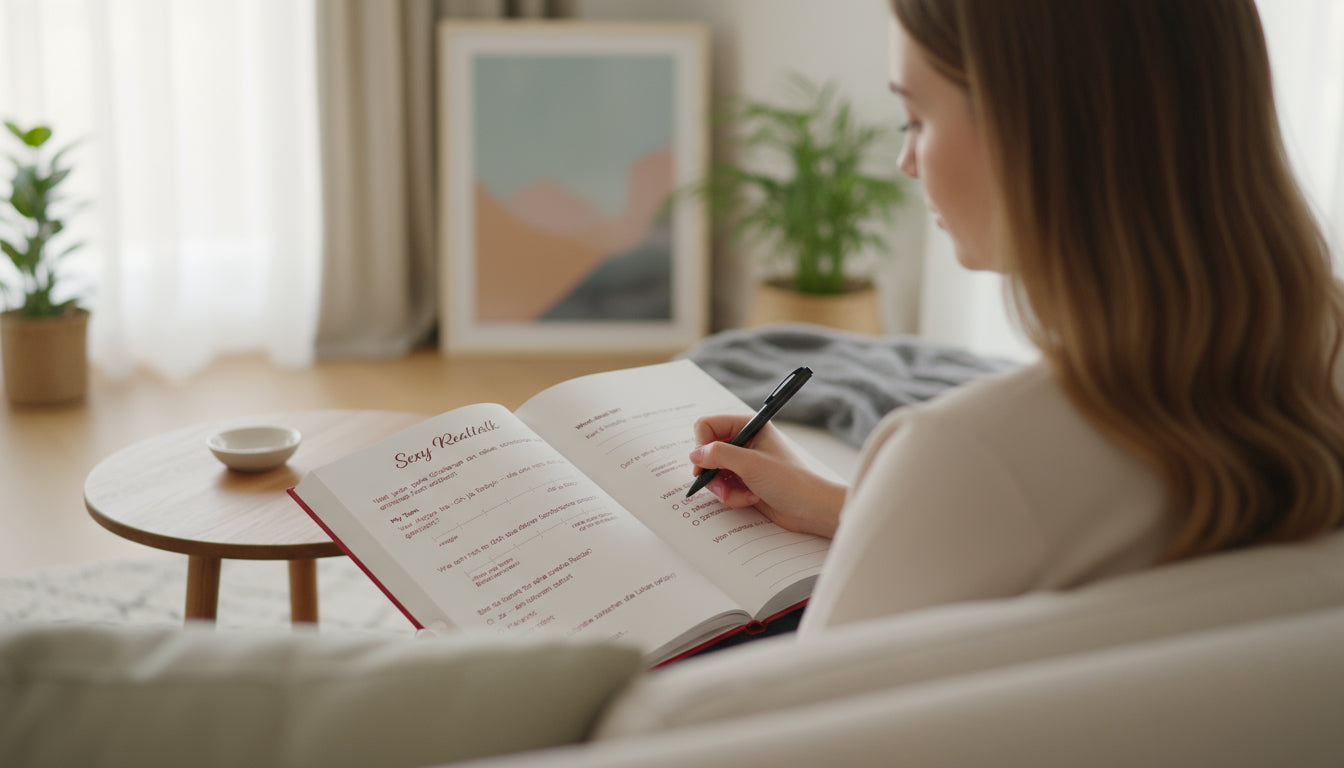 Eine Frau sitzt auf dem Sofa und füllt in einem Buch eine Reflexion aus.