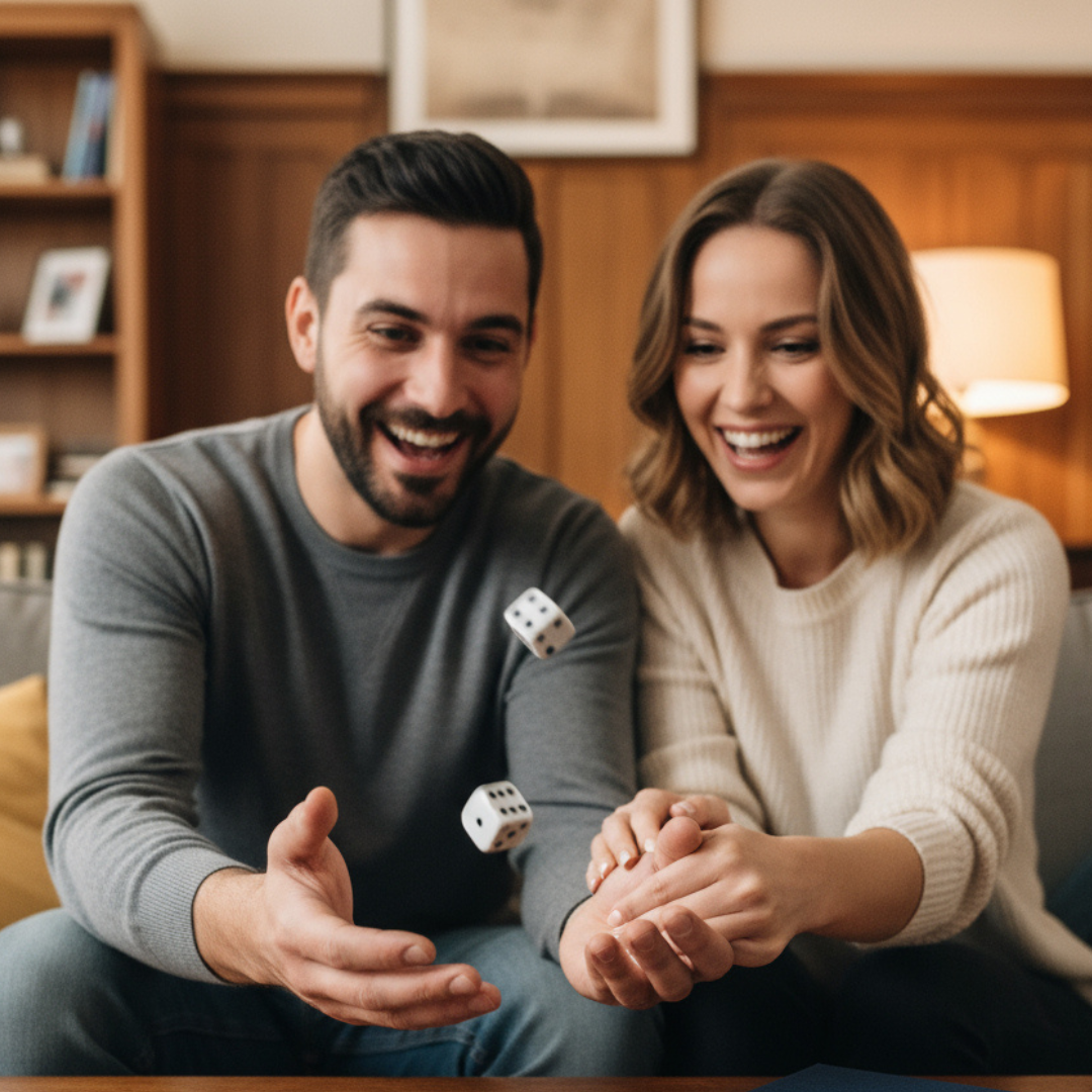 Ein Paar sitzt lachend nebeneinander, während sie gerade würfeln.
