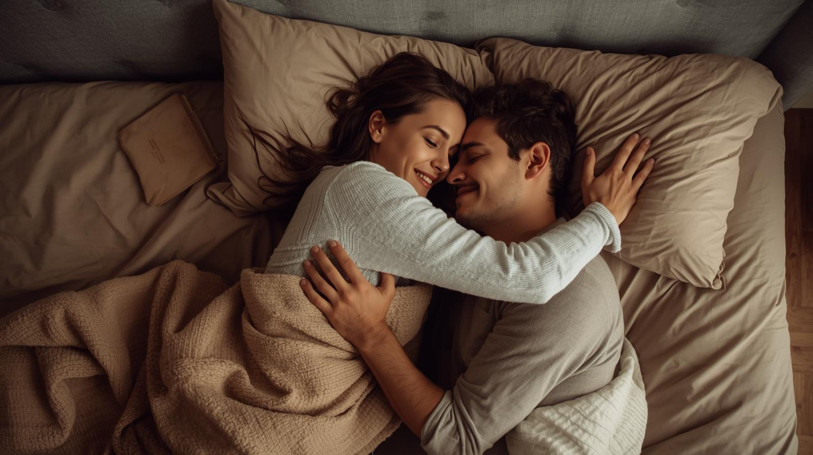 Paar liegt im Bett und kuschelt intim miteinander.