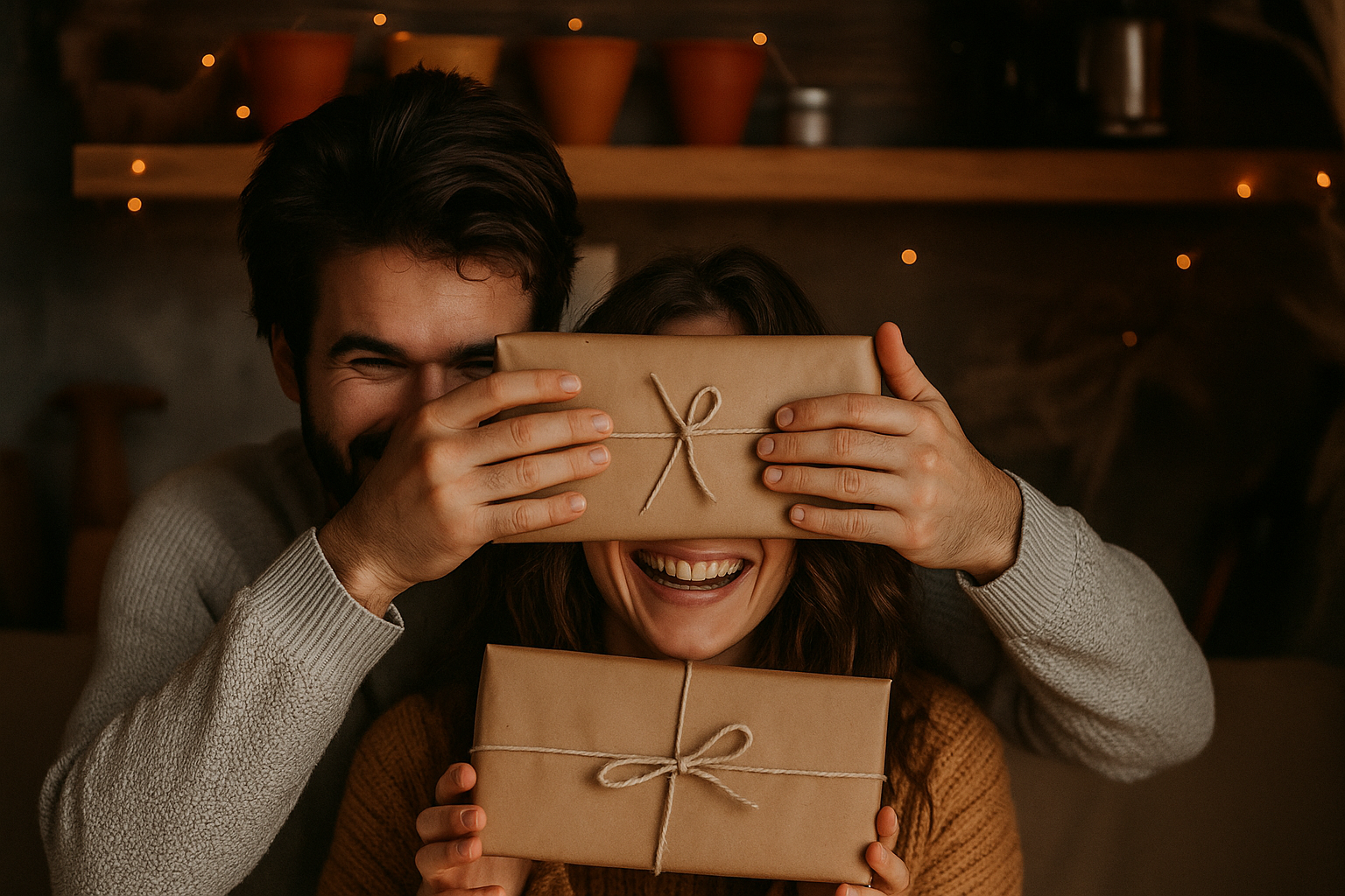 Ein Paar sitzt verspielt hintereinander, beide haben ein Geschenk in der Hand und lachen.