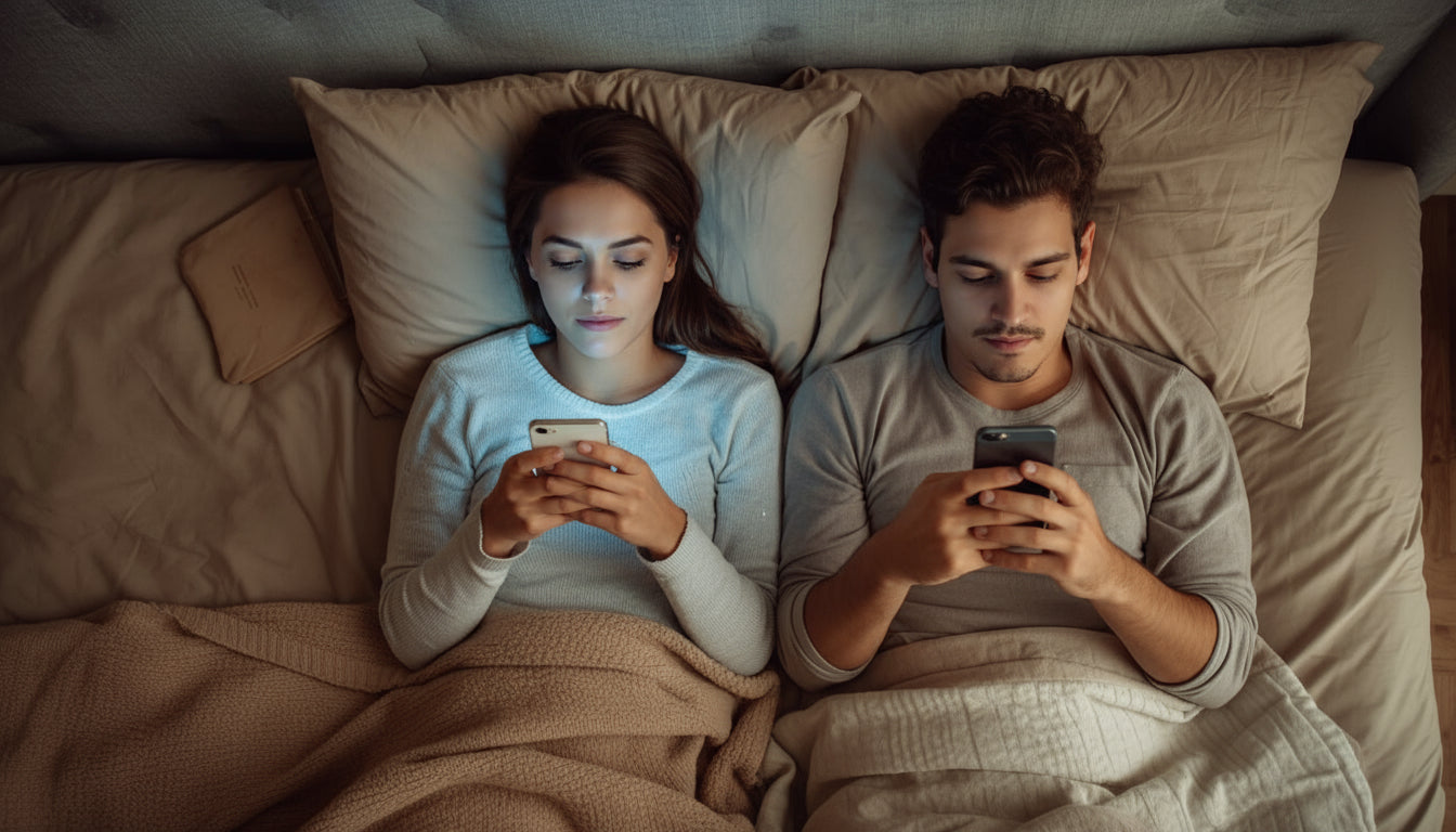 Paar liegt nebeneinander im Bett, wobei beide aufs Handy schauen