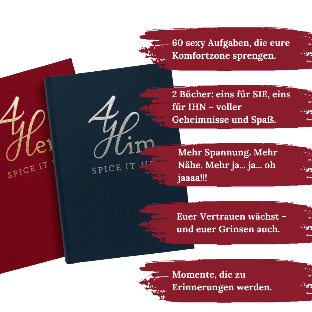 Grafik mit den Büchercovern ‚4 Him – Spice It Up‘ in Blau und Rot. Daneben stehen Textaussagen: ‚60 sexy Aufgaben, die eure Komfortzone sprengen.‘ – ‚2 Bücher: eins für SIE, eins für IHN – voller Geheimnisse und Spaß.‘ – ‚Mehr Spannung. Mehr Nähe. Mehr ja… ja… oh jaaaa!!!‘ – ‚Euer Vertrauen wächst – und euer Grinsen auch.‘ – ‚Momente, die zu Erinnerungen werden.‘