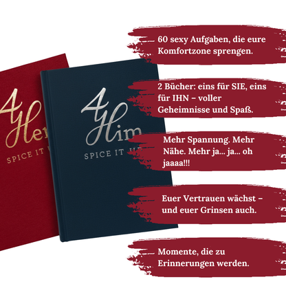 Grafik mit den Büchercovern ‚4 Him – Spice It Up‘ in Blau und Rot. Daneben stehen Textaussagen: ‚60 sexy Aufgaben, die eure Komfortzone sprengen.‘ – ‚2 Bücher: eins für SIE, eins für IHN – voller Geheimnisse und Spaß.‘ – ‚Mehr Spannung. Mehr Nähe. Mehr ja… ja… oh jaaaa!!!‘ – ‚Euer Vertrauen wächst – und euer Grinsen auch.‘ – ‚Momente, die zu Erinnerungen werden.‘
