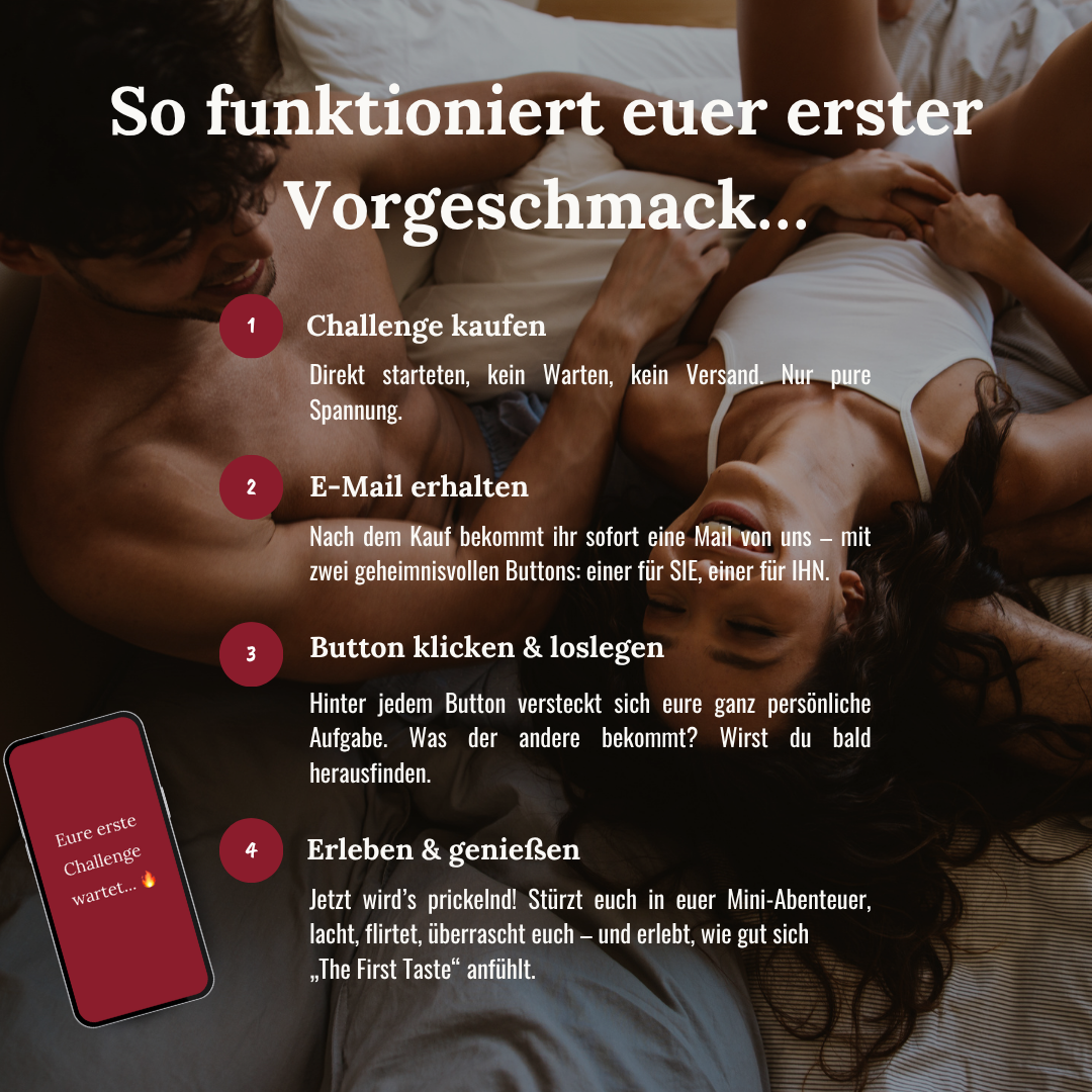 Im Hintergrund liegt ein Paar im Bett und hat Spaß, im Vordergrund ist eine Anleitung für eine digitale Challenge beschrieben.