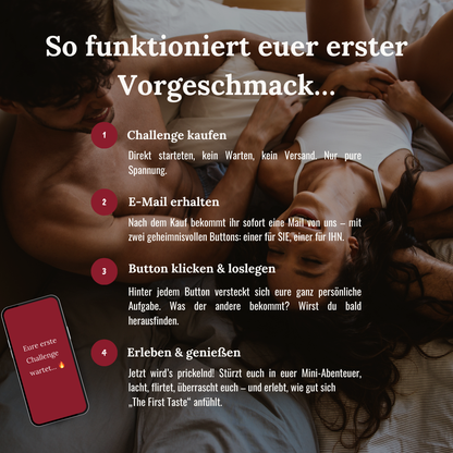 Im Hintergrund liegt ein Paar im Bett und hat Spaß, im Vordergrund ist eine Anleitung für eine digitale Challenge beschrieben.