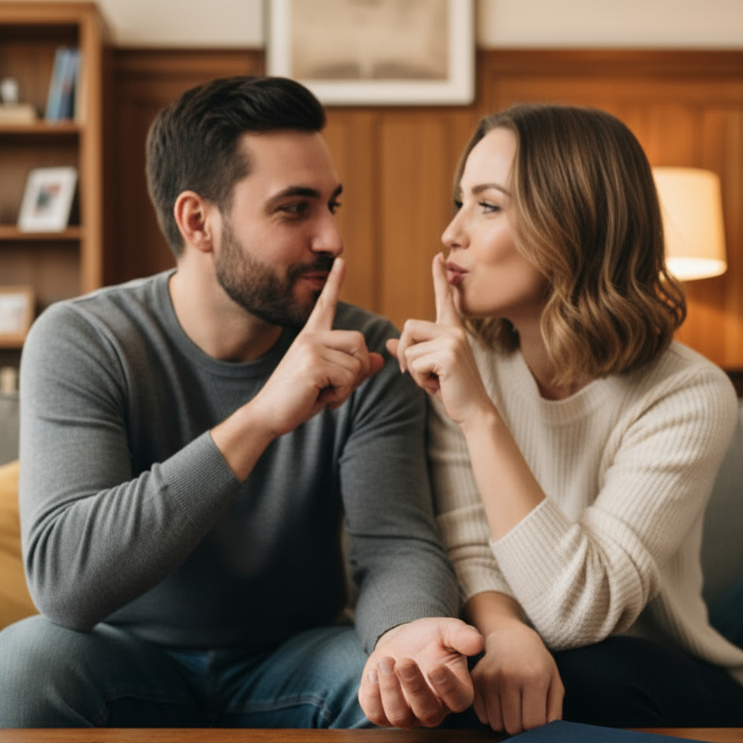 Ein Paar sitzt nebeneinander und sie halten sich beide den Zeigefinger vor den Mund, um ein Geheimnis zu bewahren.