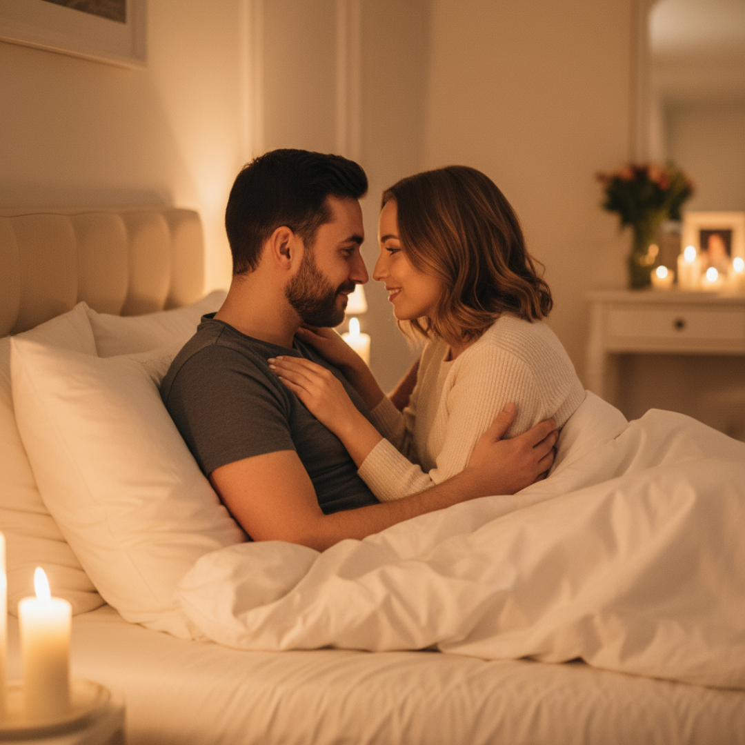 Ein Paar liegt im Bett und sie sind kurz davor sich zu küssen.